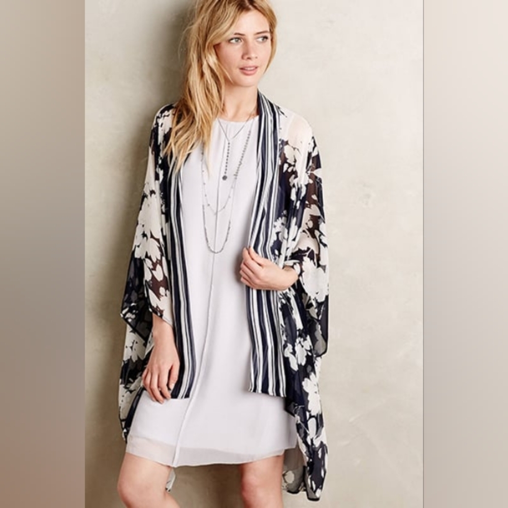 Elevenses Anthropologie Pure Silk Chiffon Blue + White Kimono One Size